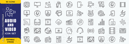 Audio Video Icons  sets. Thin line icons set. Flat icon collection set. Simple vector icons set