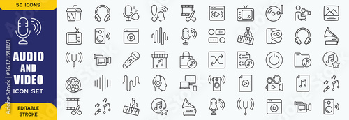 Audio Video Icons  sets. Thin line icons set. Flat icon collection set. Simple vector icons set