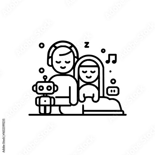 Illustration of a person with headphones next to a person in bed with a robot and musical notes around