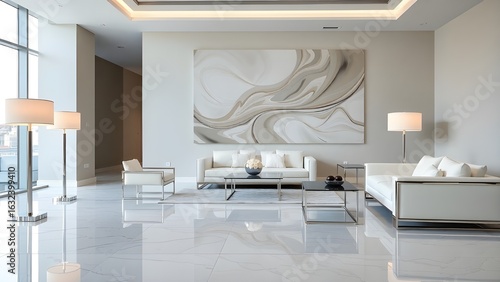 Luxurious contemporary living room with white sofas, polished marble floor, and abstract wall art.