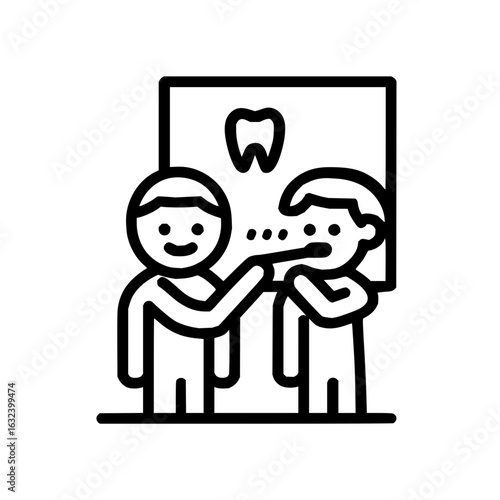 A dentist examining a patient with a tooth x ray in the background in a dental clinic setting illustration
