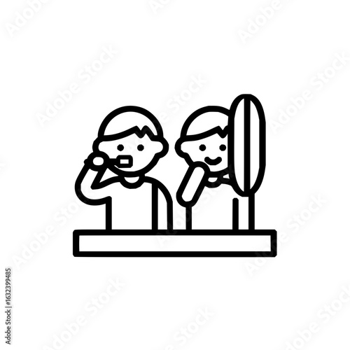 Two children at a bathroom sink one brushing teeth and the other looking in a mirror in a simple line drawing