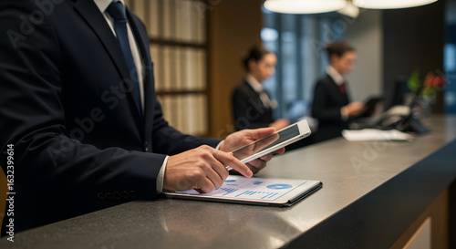 Businessman tablet analysis data charts graphs hotel reception desk teamwork collaboration suit tie