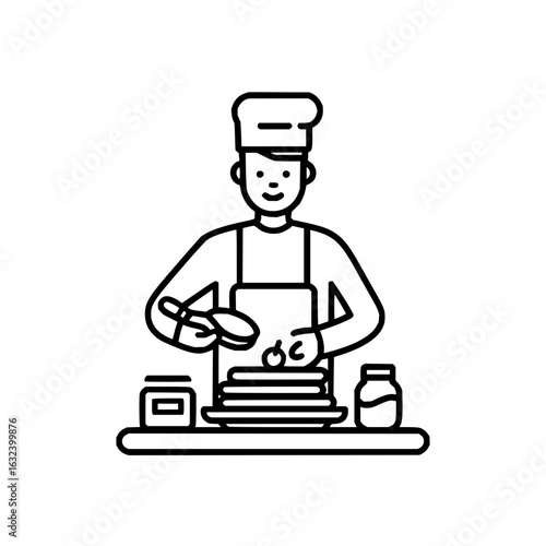 Chef preparing pancakes with syrup and jam in a kitchen setting, wearing a chef's hat and apron while cooking