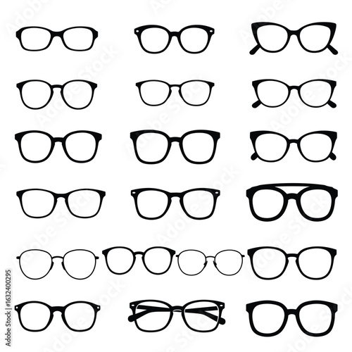 Assortment of black eyeglasses and spectacles silhouettes on white