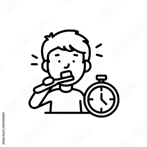 Illustration of a boy brushing his teeth with a toothbrush next to a clock showing the time passing by