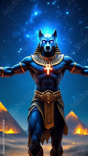 Powerful Egyptian Anubis God Statue with Glowing Blue Wolf Head and Golden Armor Standing Triumphantly Amidst Pyramids