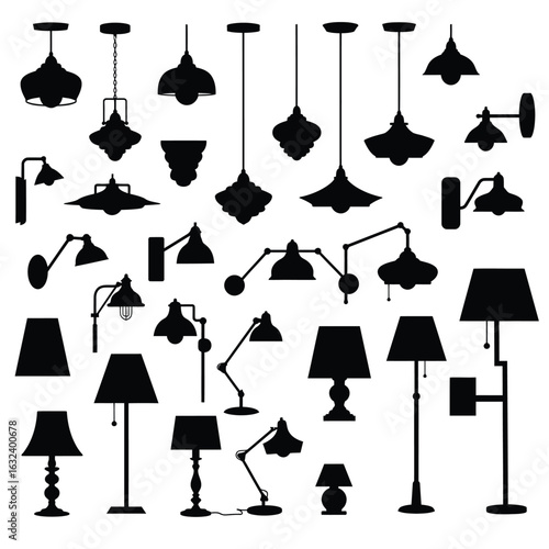 Assortment of black silhouette lighting fixtures on white background
