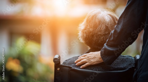 A person in a wheelchair receives gentle support from a caregiver in a warm, sunlit room,