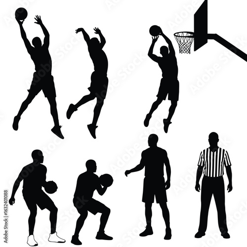 Basketball Players and Referee Silhouettes Keywords: basketball, player, referee, silhouette, sport, game, action, jump, shoot, dribble, dunk