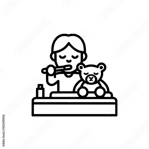 Illustration of a child brushing teeth with a teddy bear on a table next to a small bottle outline art