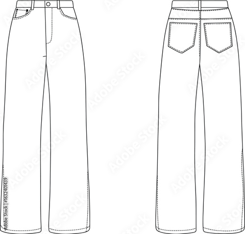 CAD drawing, flat sketch, technical fashion illustration, wide leg jeans, front and back view, sewing pattern, vector design