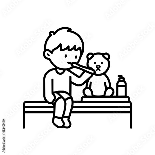 A cartoon boy brushing his teeth on a bed next to a teddy bear and a bottle of soap in a black outline