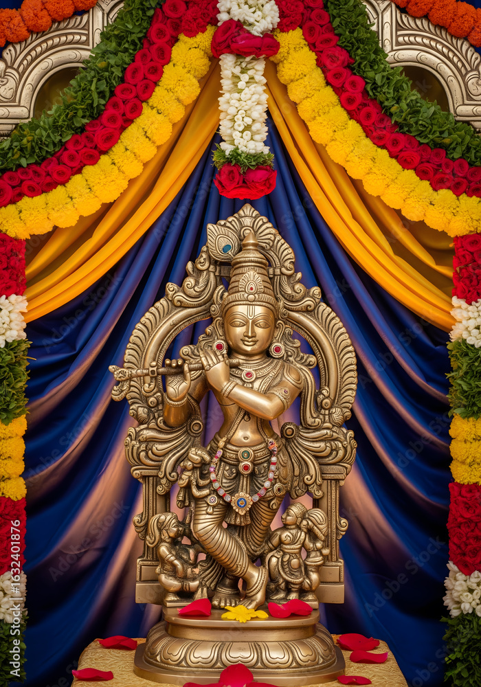 Fototapeta premium A stunning brass statue of a divine figure playing the flute, beautifully adorned with jewels and floral garlands