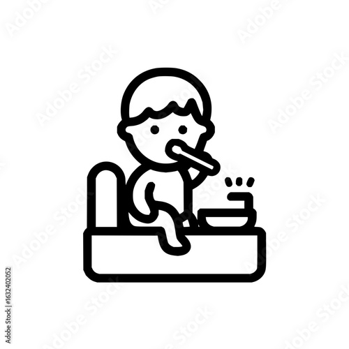 Illustration of a toddler brushing teeth while sitting on a sink next to a faucet with water drops
