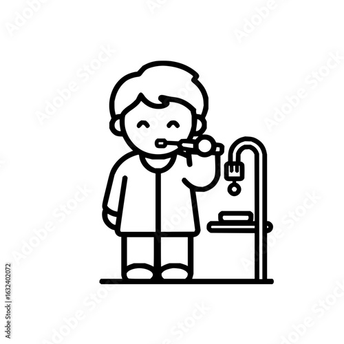A young boy is brushing his teeth with a toothbrush next to a sink with running water in a line art style