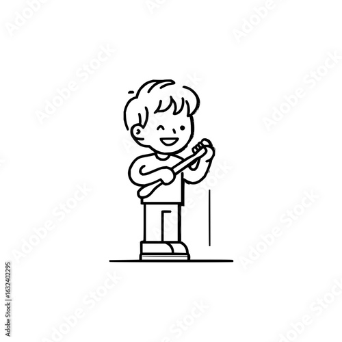 A cartoon boy with curly hair is standing and holding a toothbrush while winking his right eye happily smiling