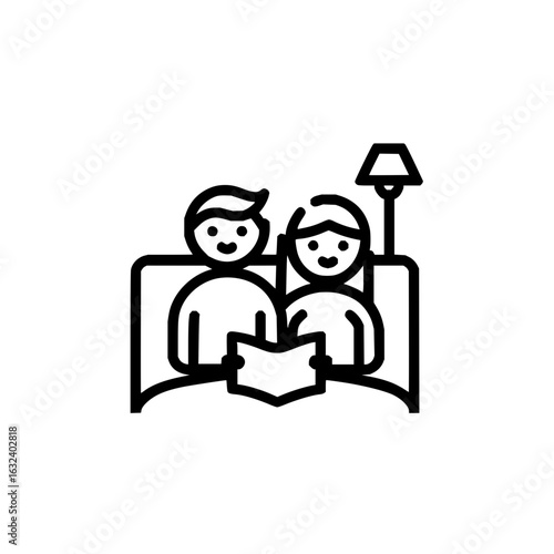 Illustration of a couple reading a book in bed with a lamp providing light next to the bed at night