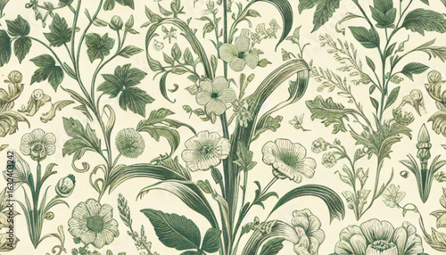 Abstract green and white vintage botanical wallpaper design with intricate scene background with texture.