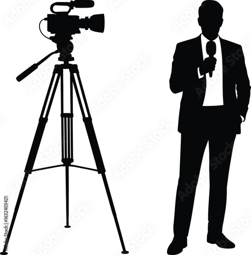 Silhouette of News Reporter with Microphone and Video Camera on Tripod Vector