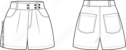 CAD drawing, flat vector illustration, high waist shorts, wide leg shorts, fashion technical sketch, front and back view, sewing pattern, apparel design