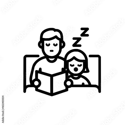 Father reading a book to his daughter who is falling asleep in bed with zzz above her head in black and white