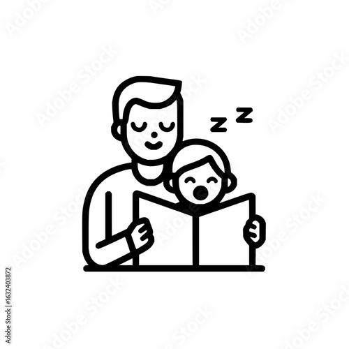 Illustration of a father reading a book to his yawning child who is falling asleep with zzz symbols above