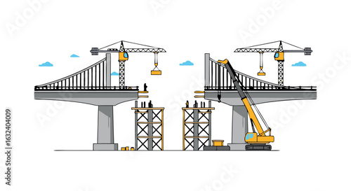 Detailed Illustration of a Bridge Construction Project with Cranes and Scaffolding Depiction 82 character