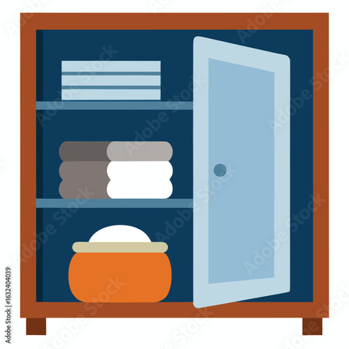 Clean linen closet with folded towels and baskets