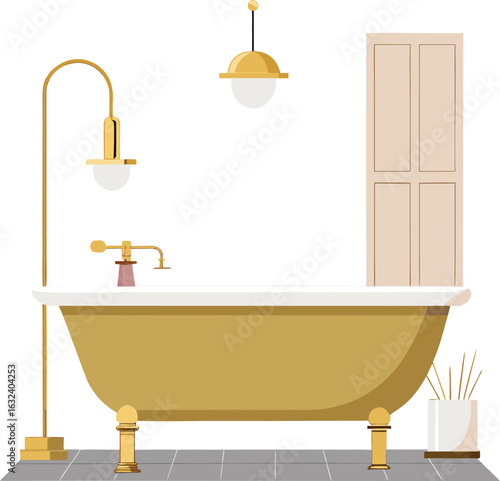 Luxury bathroom with gold fixtures and freestanding tub
