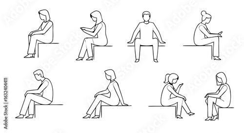 Various Seated People in Outline Form: A Study in Posture and Human Figures Illustrations
