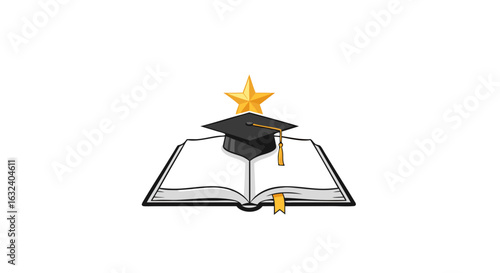 Academic success depicted through a book with graduation cap and shining star design illustrating achievement and educational pursuit