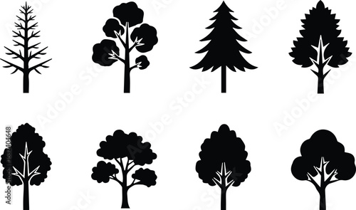  collection of tree silhouettes isolated on white background, perfect for naturethemed designs, logos, and educational materials with a clean aesthetic