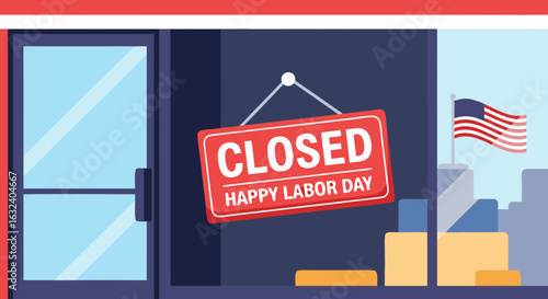 Labor Day Shop Closure Illustration with American Flag and 'Closed' Sign depiction of a holiday observance