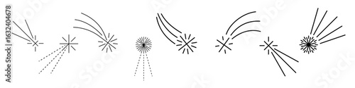 Comet and shooting star icons in retro Y2K style. Sparkling trails, glowing lines and magic motion. Minimal geometric figures perfect for night sky designs or festive decoration packs.