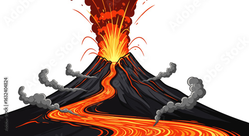 Dynamic depiction of volcanic eruption with flowing lava and smoke emissions, isolated on white background