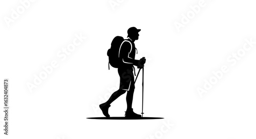 Monochrome silhouette depicting an individual venturing on a hiking journey with backpack and trekking poles symbolizing outdoor adventure and