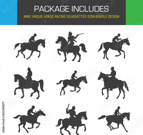 A collection of horse riders in action, racing, jousting, and equestrian riding in silhouette