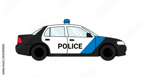 Stylized police vehicle illustration depicting law enforcement and community safety on patrol duties with a white background to enhance its visual