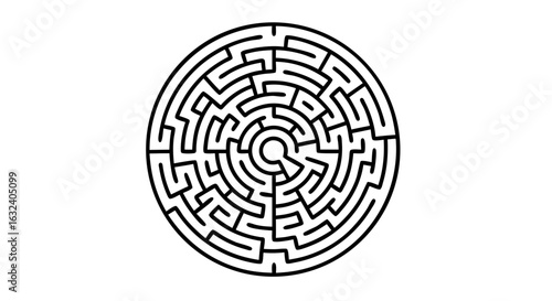 Circular Labyrinth Vector: An intricately designed concentric maze challenges perception and problem-solving skills through complex pathways and