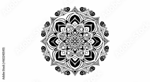 Intricate black and white mandala design showcasing symmetry and detailed artistry in a circular format for textile or background use