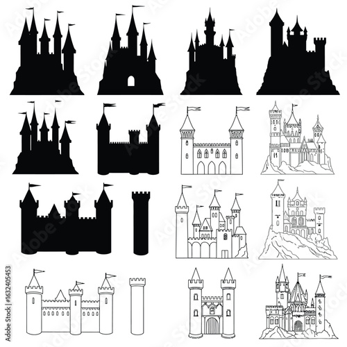 Collection of black and white castle silhouettes and line drawings