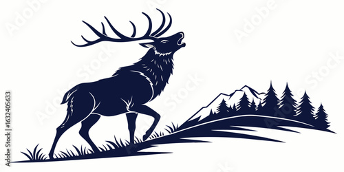 Black and white vector silhouette illustration of a wild stallion with a flowing mane