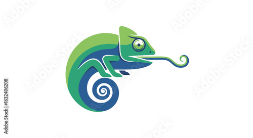 Colorful Chameleon Illustration with Swirled Tail and Tongue, Modern Design, Isolated on White Background, Bright Colors, Vector Graphics
