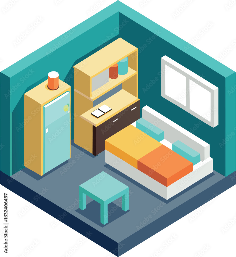 Fototapeta premium Isometric studio apartment with modern kitchen design