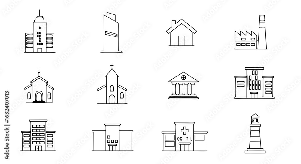 Obraz premium Architectural Outlines: Minimalist Building Icons Illustrating Diverse Structures and Purposes, Providing a Simple, Clear Representation of Various