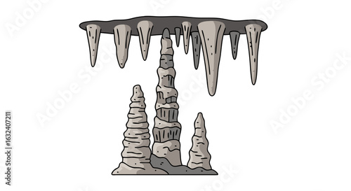 Captivating illustration of cave stalactites and stalagmites, showcasing rock formations, intricate details, and geological formations against a