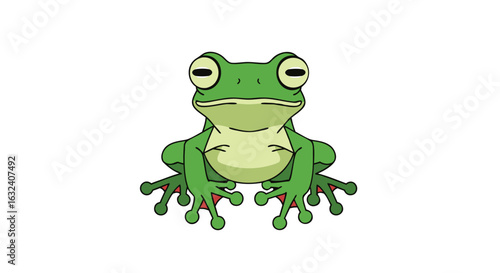 Animated green tree frog sitting and staring with a blank expression on a white backdrop