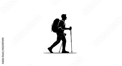 Silhouette illustration portraying a backpacker traversing with trekking poles on an adventure expedition