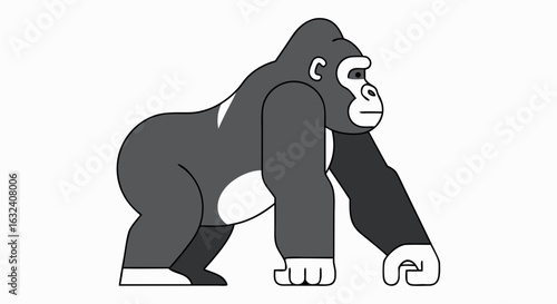 Stylized Gorilla Illustration, Cartoonish Great Ape with Simplified Design, Bold Outline Artwork